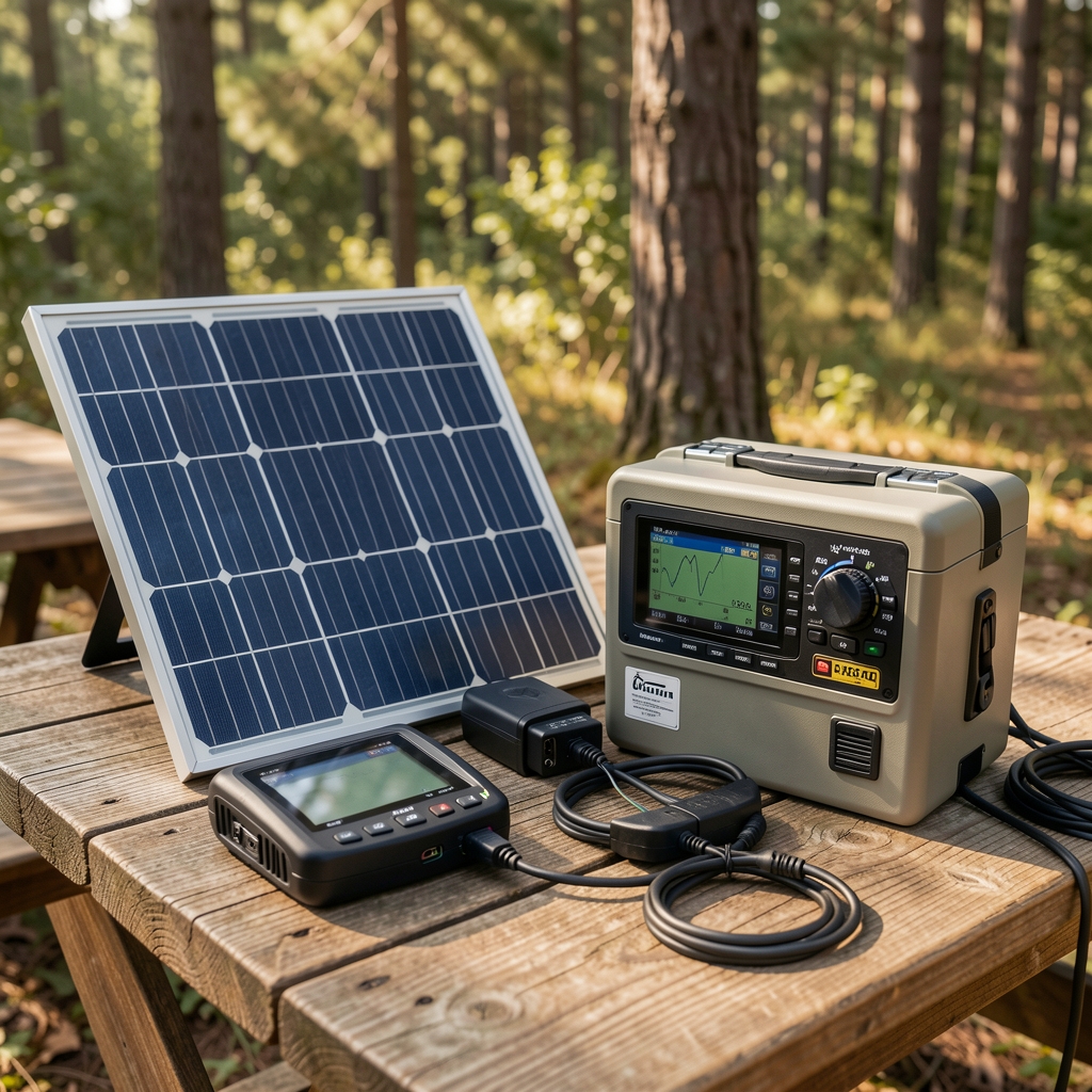 Kamp ve outdoor aktiviteler için düzenlenmiş çeşitli elektronik ekipmanlar — GPS, solar panel ve enerji istasyonu