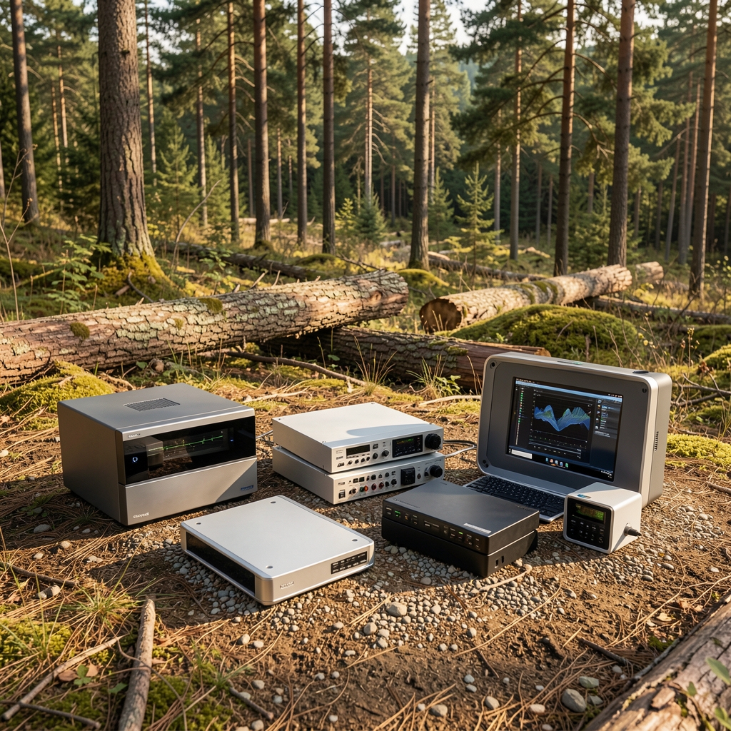 Kamp alanında dizilmiş modern outdoor elektronik ekipmanlar, doğal ortam