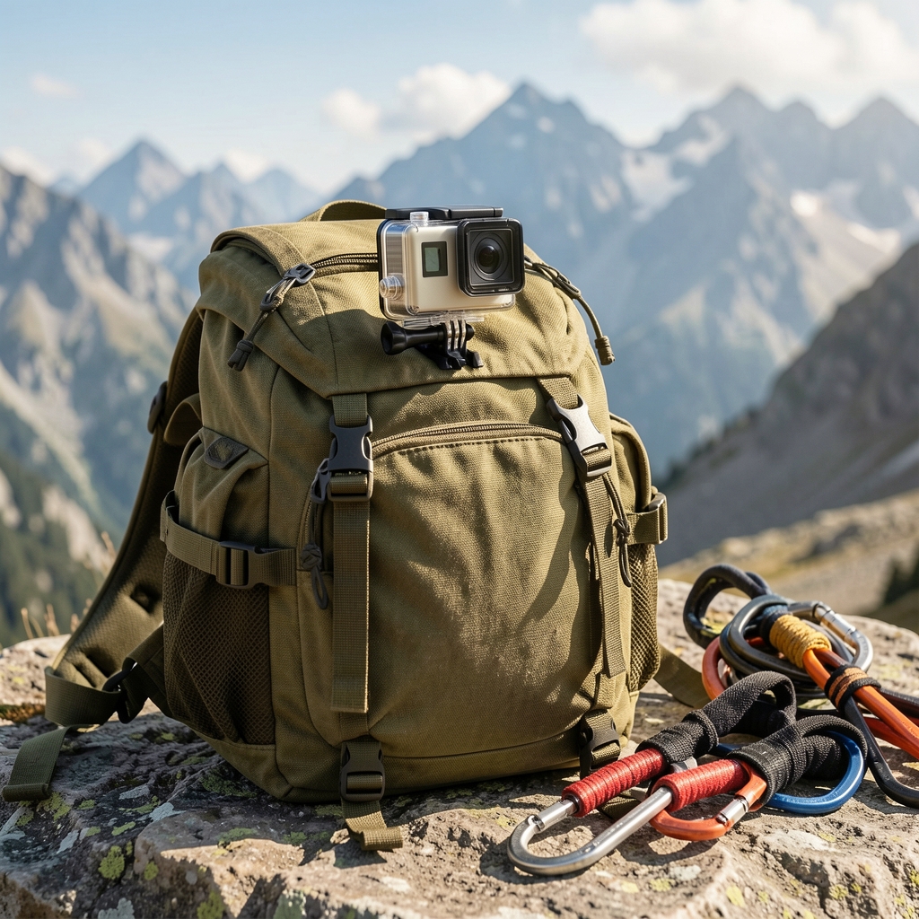 Outdoor çantasının üzerine monte edilmiş aksiyon kamerası ve yanındaki dağcılık aksesuarları