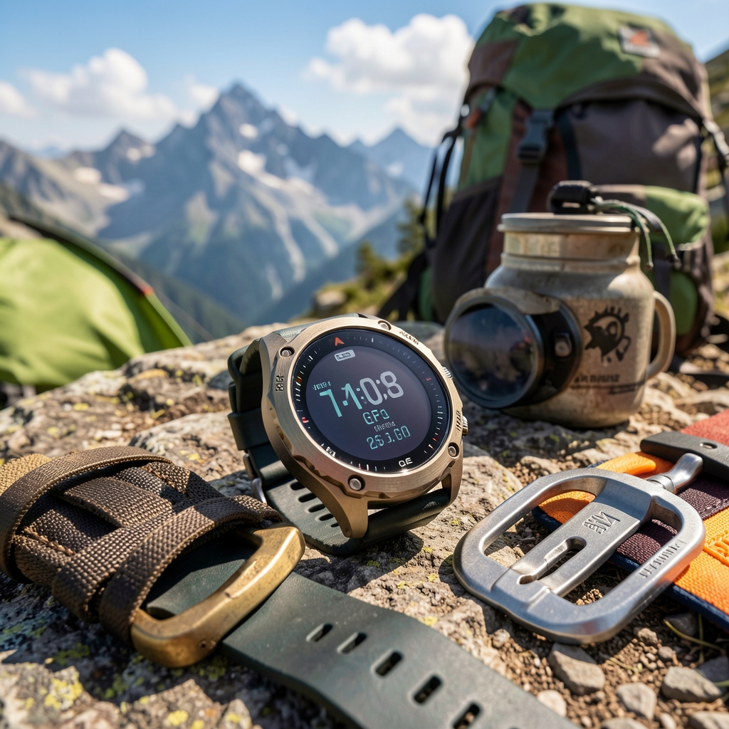Kaya yüzeyine konulmuş outdoor akıllı saat — dağ trekking ekipmanları arasında GPS saati
