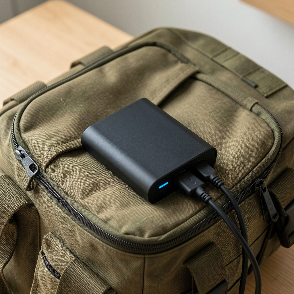 Kamp çantası üzerinde yerleştirilmiş yüksek kapasiteli power bank şarj cihazı — kablo bağlantılı