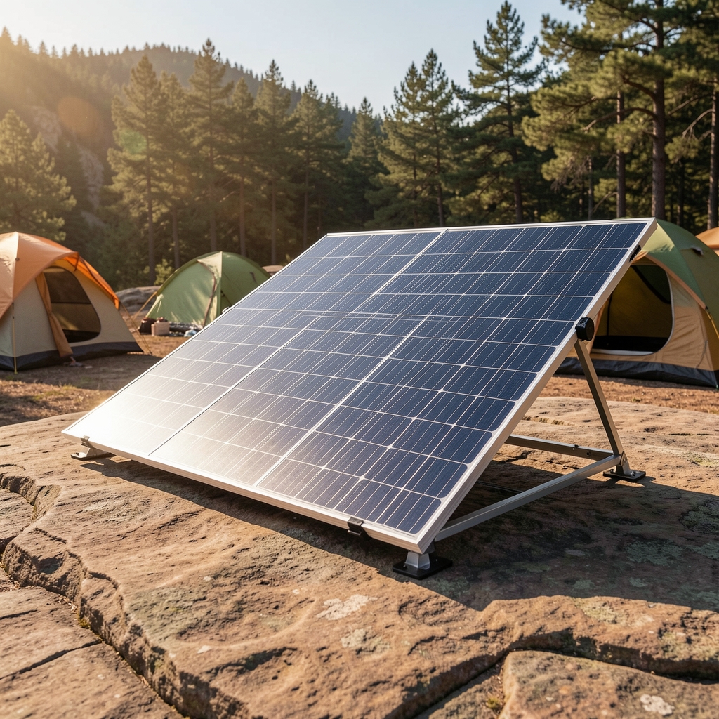Düz bir kaya zeminine yaslı katlanabilir solar panel — kamp alanında güneş ışığına yöneltilmiş