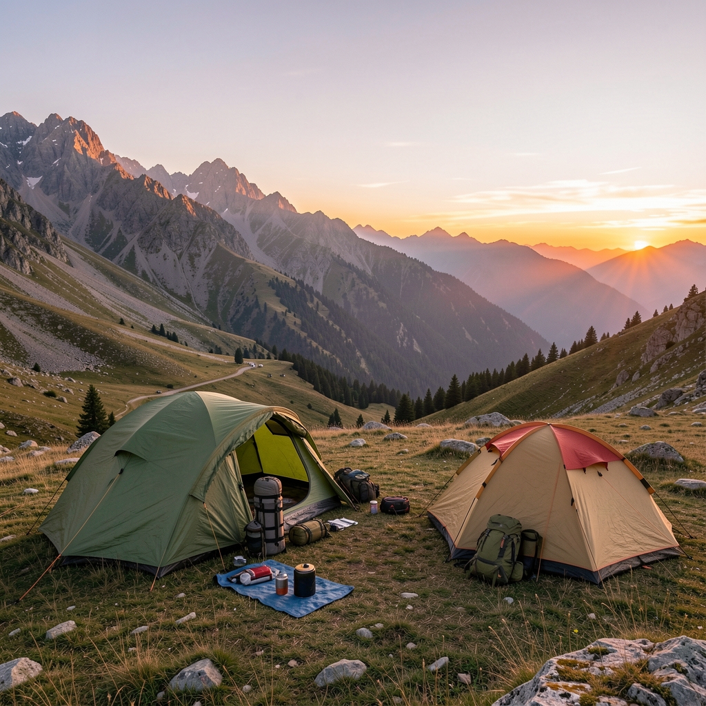 Türkiye dağlarında insansız doğal kamp alanı, gün batımında çadır ve outdoor ekipmanları
