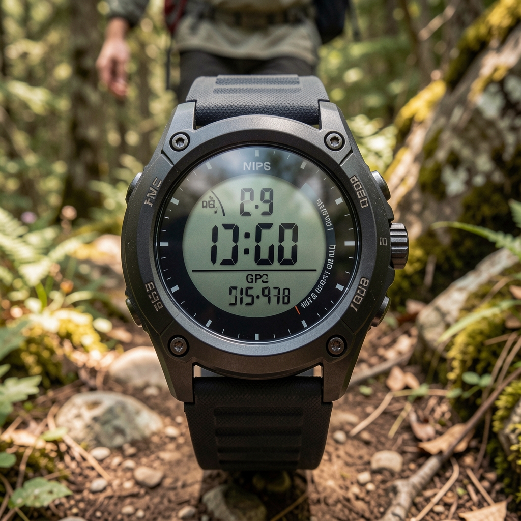 Outdoor GPS saati ekran detayı, yükseklik ve navigasyon verileri göstergesi